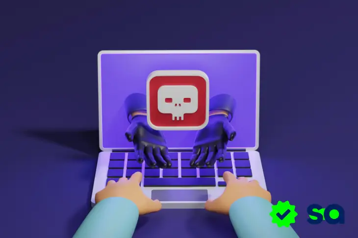 Ilustración digital de estafas en línea que muestra manos virtuales que emergen de una computadora para representar estafas en línea