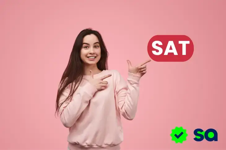 Mujer joven con expresión alegre señalando la palabra 