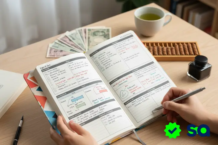 Cuaderno abierto con registros de ingresos y gastos aplicando el método kakebo.