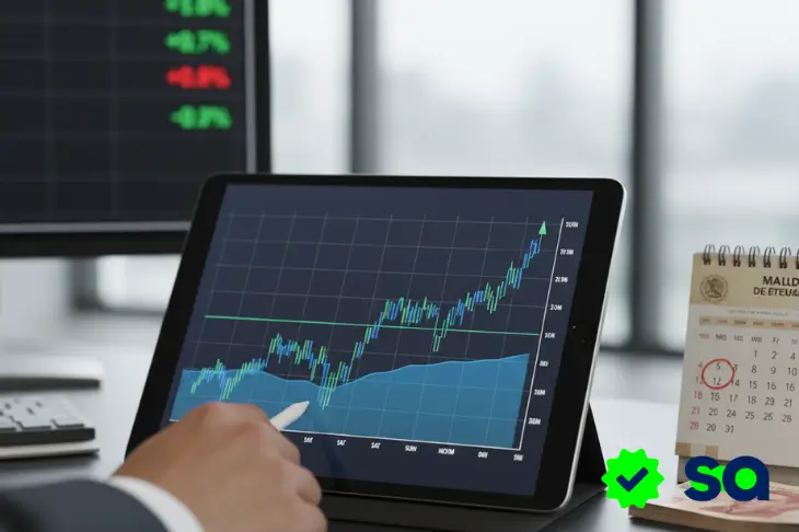 Gráfico bursátil en una tablet que muestra la tendencia del efecto fin de semana en los mercados.