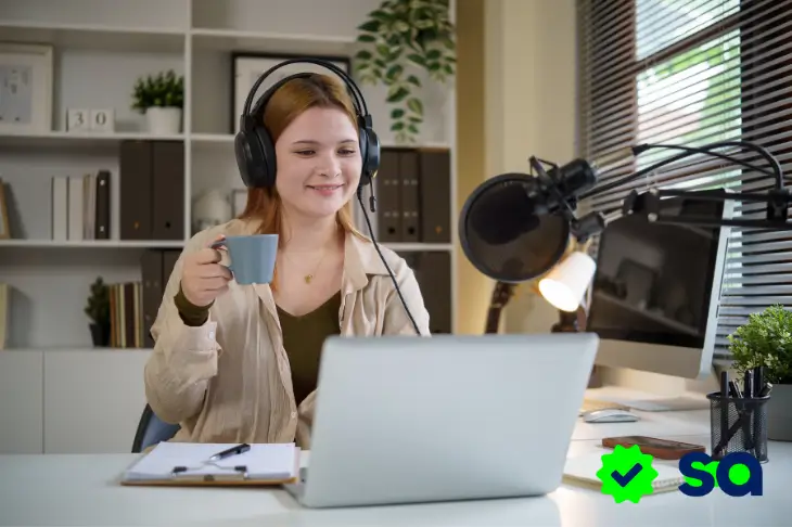 Mujer con audífonos y micrófono grabando un podcast de educación financiera desde su escritorio.