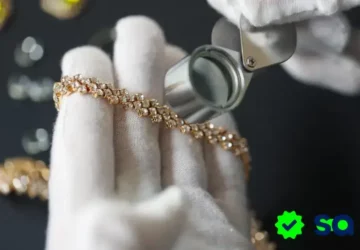 Empleado de casas de empenõ evaluando una pulsera de oro con una lupa para definir su valor.